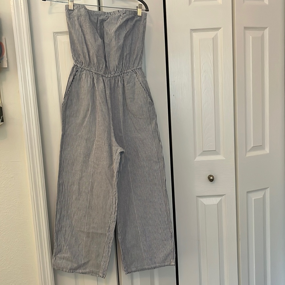 Full Tilt blue/white pinstripe strapless jumpsuit w/2 side pockets